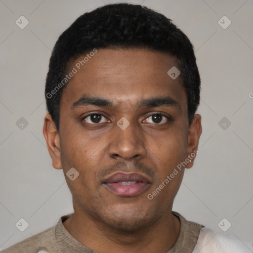 Neutral latino young-adult male with short  black hair and brown eyes