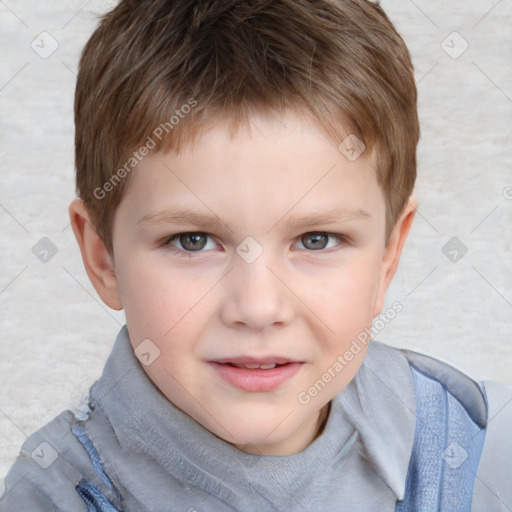 Joyful white child male with short  brown hair and grey eyes