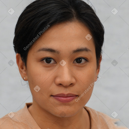 Joyful asian young-adult female with medium  brown hair and brown eyes