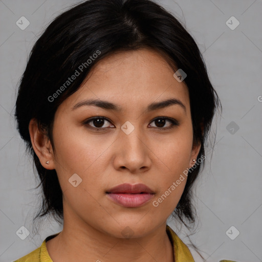 Neutral asian young-adult female with medium  black hair and brown eyes