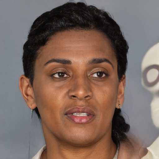 Joyful black young-adult female with short  brown hair and brown eyes