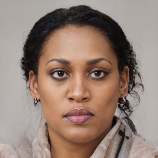 Neutral black young-adult female with medium  black hair and brown eyes