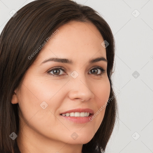 Joyful white young-adult female with long  brown hair and brown eyes