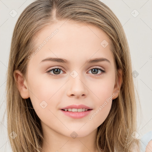 Joyful white child female with long  brown hair and brown eyes