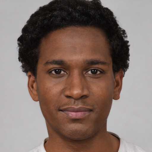 Neutral black young-adult male with short  black hair and brown eyes