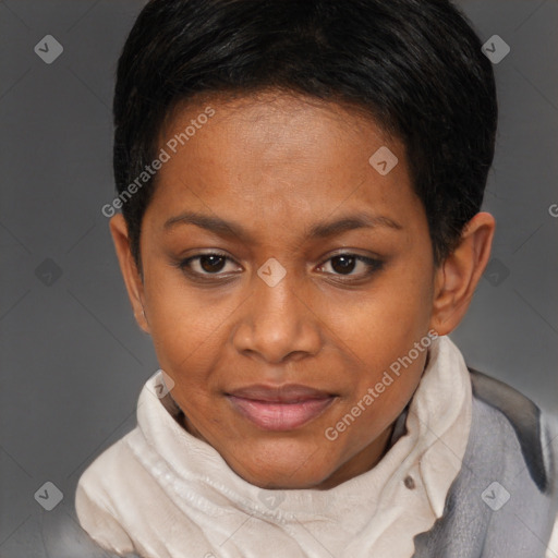 Joyful black young-adult female with short  brown hair and brown eyes