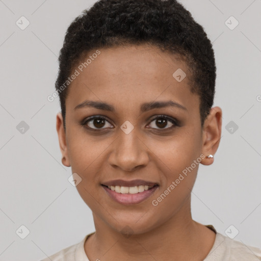 Joyful black young-adult female with short  brown hair and brown eyes