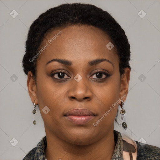 Neutral black young-adult female with short  brown hair and brown eyes