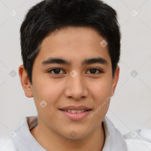 Joyful latino young-adult male with short  brown hair and brown eyes