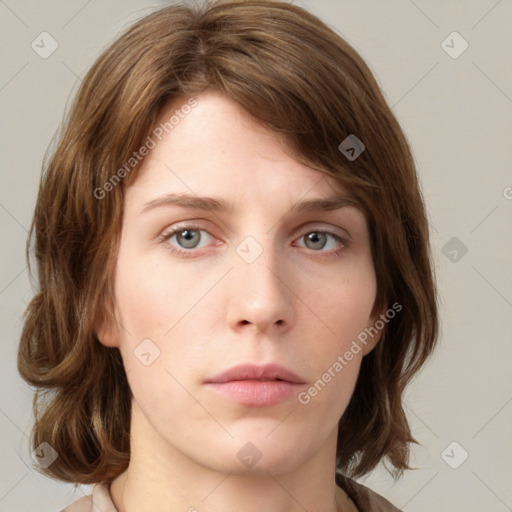 Neutral white young-adult female with medium  brown hair and grey eyes