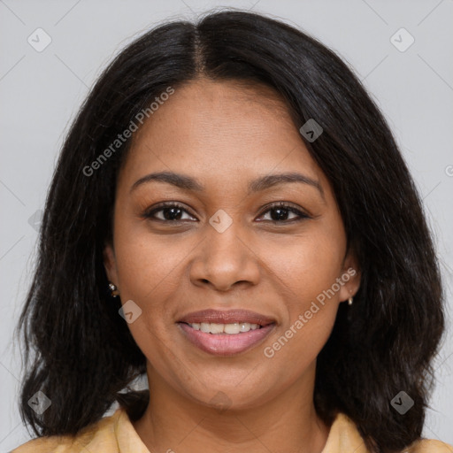 Joyful black young-adult female with medium  brown hair and brown eyes