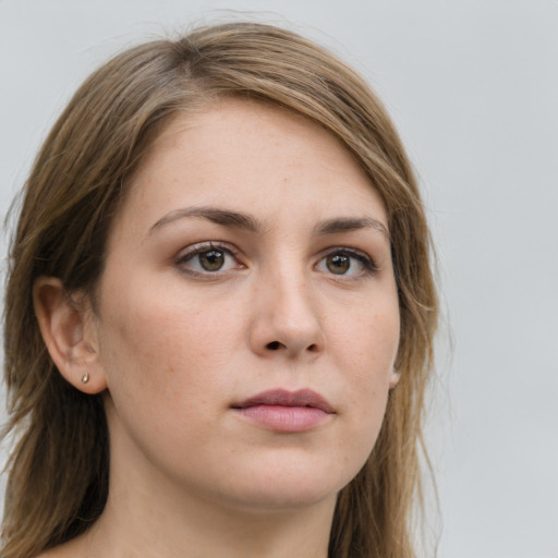 Neutral white young-adult female with long  brown hair and grey eyes