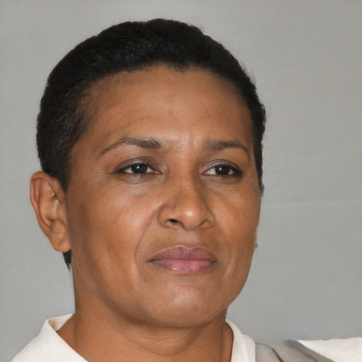 Neutral black adult female with short  brown hair and brown eyes