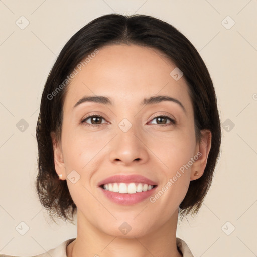 Joyful white young-adult female with medium  brown hair and brown eyes