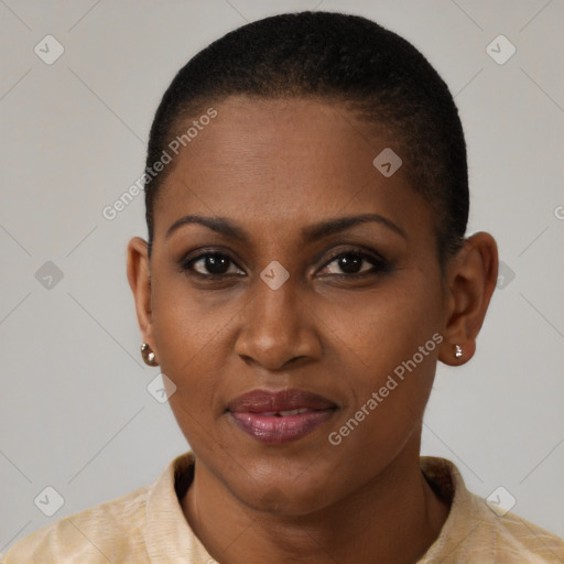 Joyful black young-adult female with short  brown hair and brown eyes