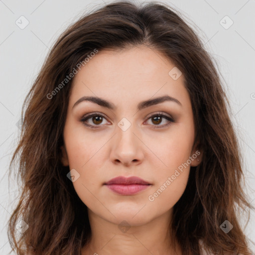 Neutral white young-adult female with long  brown hair and brown eyes