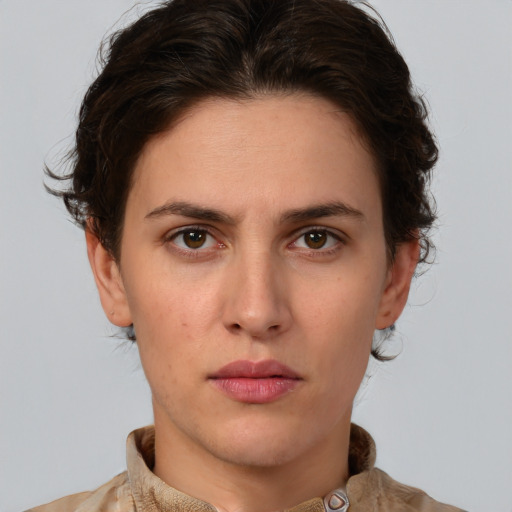 Neutral white young-adult female with medium  brown hair and brown eyes