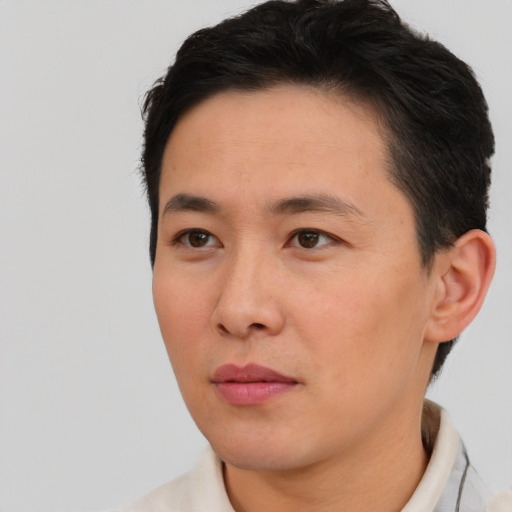 Neutral asian young-adult male with short  black hair and brown eyes