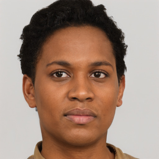 Neutral black young-adult female with short  brown hair and brown eyes