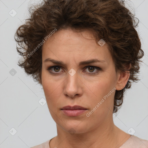 Neutral white young-adult female with short  brown hair and brown eyes