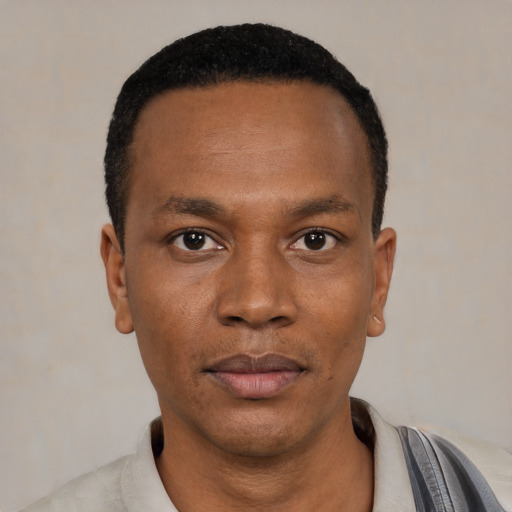 Neutral black young-adult male with short  black hair and brown eyes