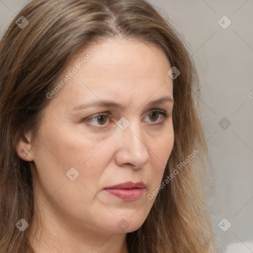 Neutral white adult female with long  brown hair and brown eyes