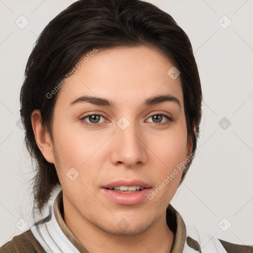 Neutral white young-adult female with medium  brown hair and brown eyes