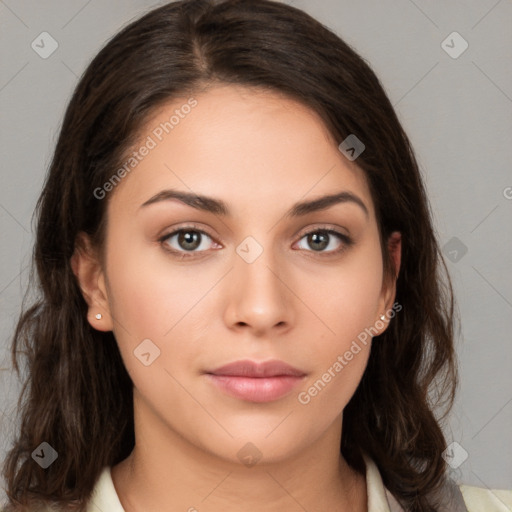 Neutral white young-adult female with medium  brown hair and brown eyes