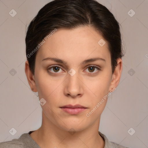 Neutral white young-adult female with short  brown hair and brown eyes