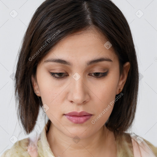 Neutral white young-adult female with medium  brown hair and brown eyes