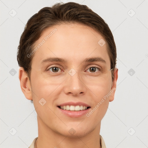 Joyful white young-adult female with short  brown hair and grey eyes