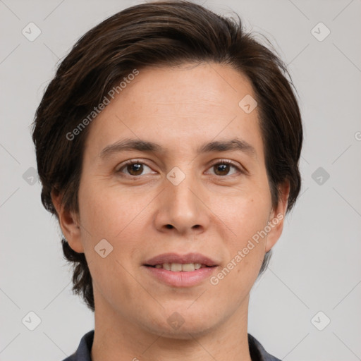 Joyful white adult female with short  brown hair and brown eyes