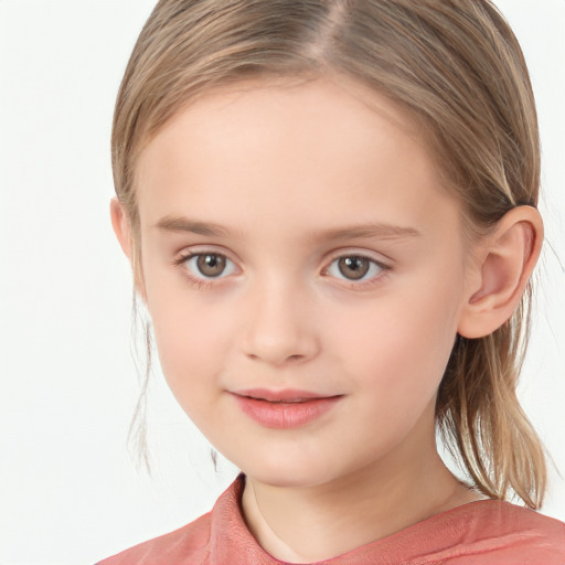 Joyful white child female with medium  brown hair and blue eyes