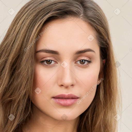 Joyful white young-adult female with long  brown hair and green eyes