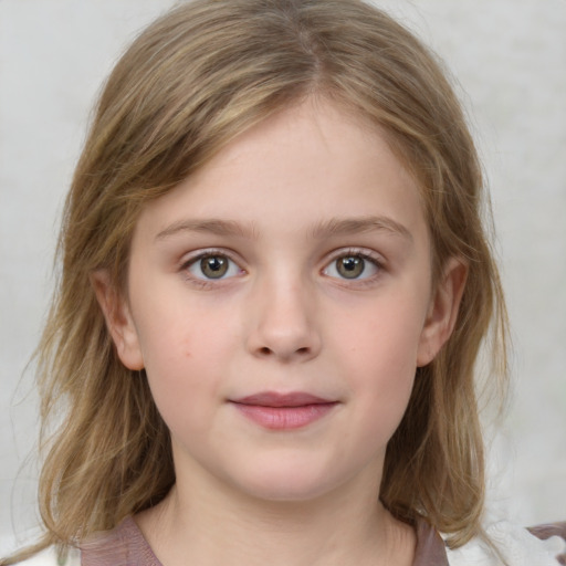 Neutral white child female with medium  brown hair and grey eyes