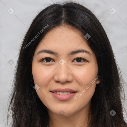 Joyful white young-adult female with long  brown hair and brown eyes