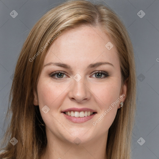 Joyful white young-adult female with long  brown hair and grey eyes