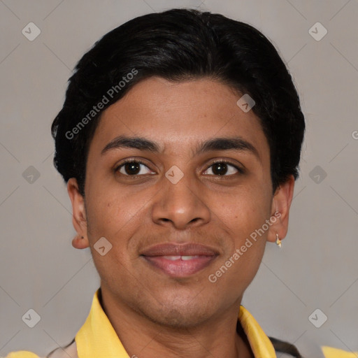 Joyful latino young-adult male with short  brown hair and brown eyes