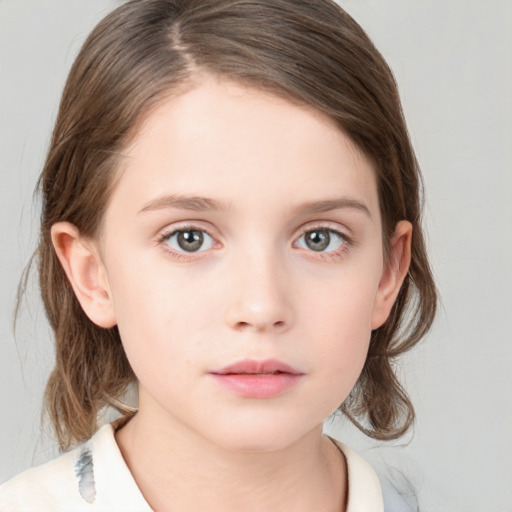 Neutral white child female with medium  brown hair and green eyes