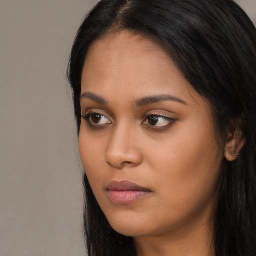 Neutral asian young-adult female with long  black hair and brown eyes