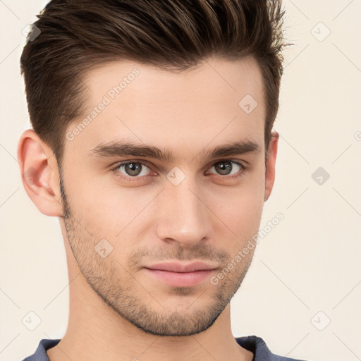 Neutral white young-adult male with short  brown hair and brown eyes