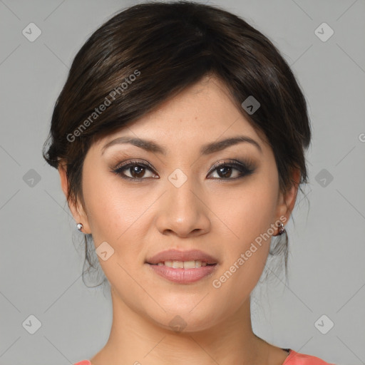 Joyful white young-adult female with medium  brown hair and brown eyes