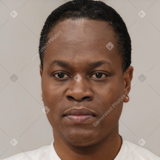 Neutral black young-adult female with short  black hair and brown eyes