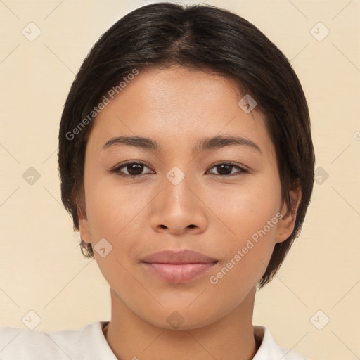 Neutral white young-adult female with short  brown hair and brown eyes