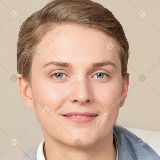 Joyful white young-adult female with short  brown hair and grey eyes