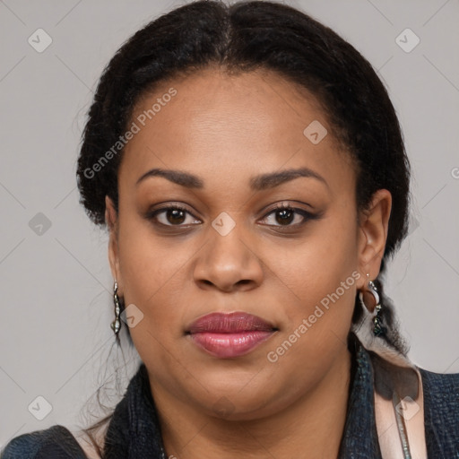 Joyful latino young-adult female with medium  black hair and brown eyes