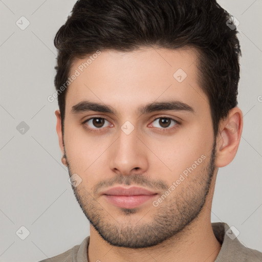 Neutral white young-adult male with short  brown hair and brown eyes