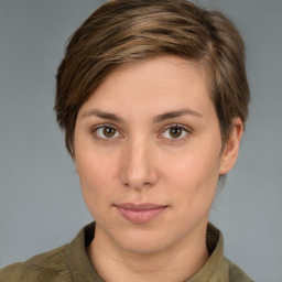 Neutral white young-adult female with short  brown hair and grey eyes