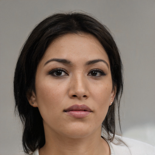 Neutral asian young-adult female with medium  black hair and brown eyes