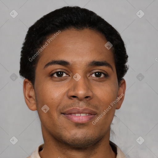 Joyful latino young-adult male with short  brown hair and brown eyes